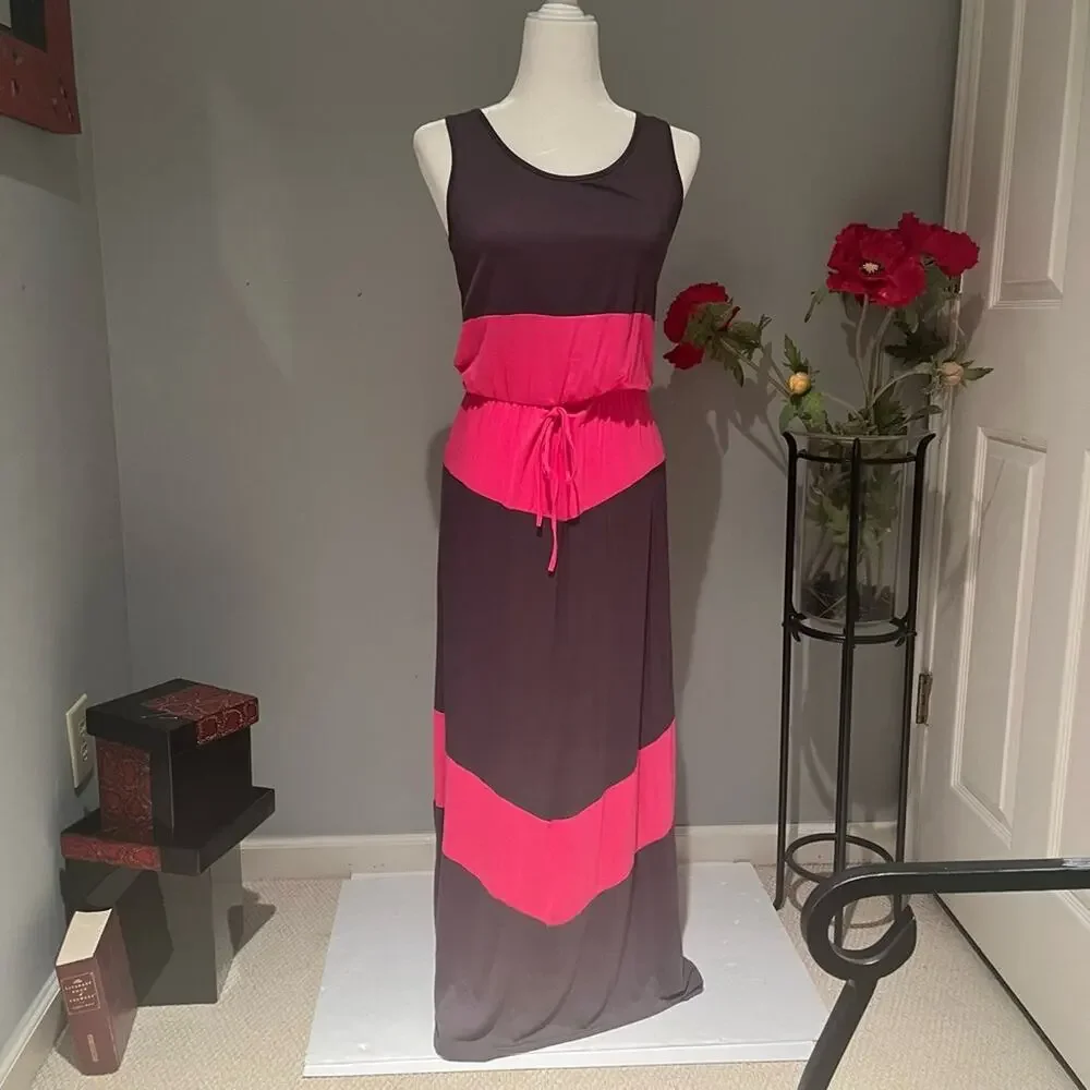 NEW The Hanger Colorblock Striped Tie Waist Stretch Maxi Dress Gray Pin…